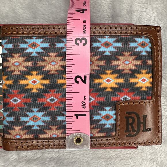 Red Dirt Hat Co Bifold Wallet Leather Southwest Aztec Canvas Inlay Bison Grain - Picture 8 of 10